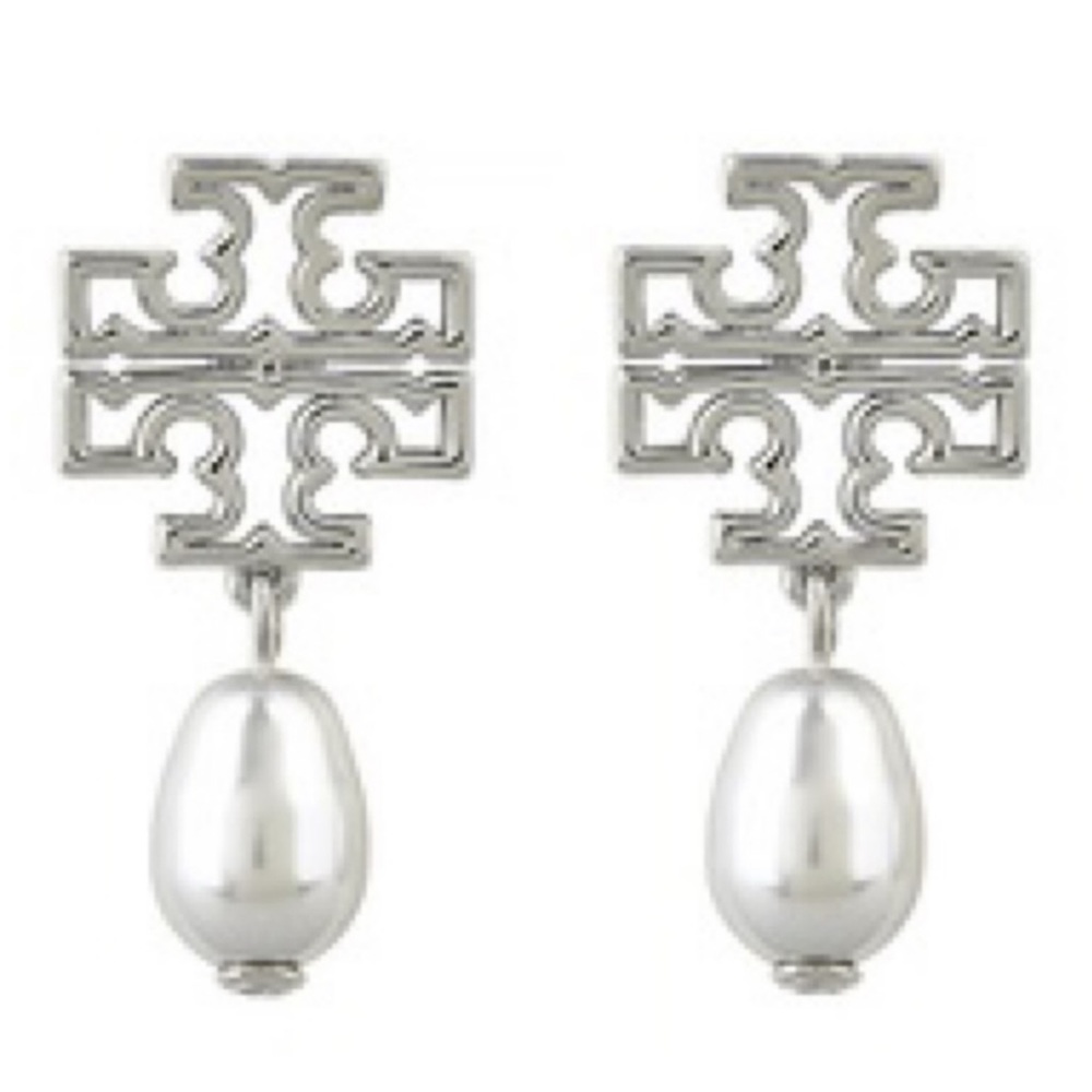TORY BURCH • Silver Britten Logo Pearl Drop Earrings